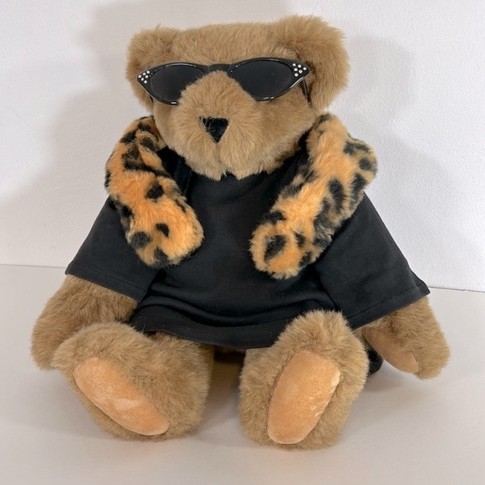 Vermont Teddy Bear Diva Posable Rhinestone Glasses Scarf & Dress 16” Brown Bear